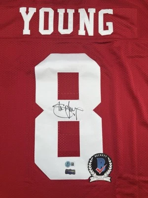 CAMISETA DE STEVE YOUNG FIRMADA CON AUTÓGRAFO DE LOS 49ERS ROJA MITCHELL & NESS CERTIFICADO DE AUTENTICIDAD BECKETT Foto 1 de 4
