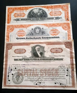 3 ASSORTED STOCK CERTIFICATES RAILROAD, ELECTRIC & CROWN ZELLERBACH CORP. - Picture 1 of 7