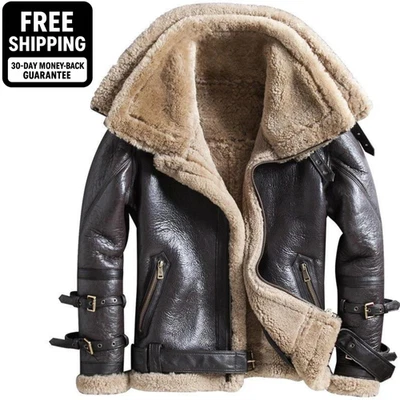 Mens Raf B3 Real Leather Aviator Jacket Flying Bomber SheepSkin Pilot Coat Brown - Image 1 of 4
