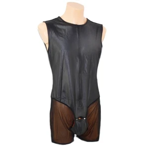 Leather Bodysuit PU Front Open With Mesh Size: XXL (3986) - Picture 1 of 6