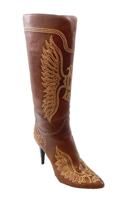 SERGIO ROSSI Brown Embroidered Eagle Cowboy Tall Boots 9 Stiletto Leather - Image 1 of 4