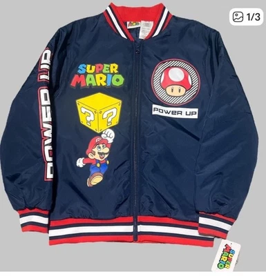 Chaqueta Bomber Super Mario Brothers 10-12 Azul Bolsillos Cremallera Completa NUEVA Foto 1 de 3