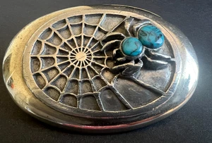 Vintage Handmade Southwest Web with Turqouise Spider Nickel Belt Buckle Signed - Picture 1 of 6