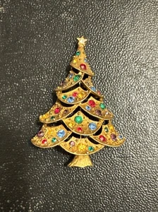 JJ JONETTE ESTRÁS CRISTAL 2-3/8" ÁRBOL DE NAVIDAD BROCHE/PIN-TONO DORADO De colección - Imagen 1 de 9