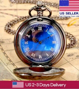 Vintage-Style Bronze Pocket Watch with Starry Blue Dial and Chain, Free Shipping - Picture 1 of 7