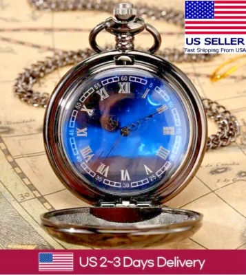 Reloj Bolsillo Estilo Vintage Bronce con Esfera y Cadena Azul Estrellado, Envío Gratis Foto 1 de 4