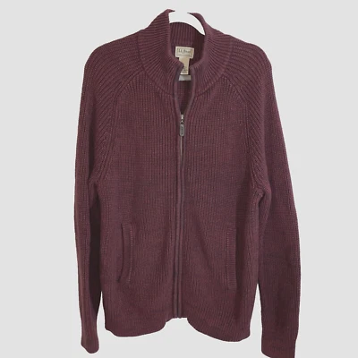 Mens LL Bean Zip Front Cardigan Sweater Medium Burgundy Cotton Pockets 298244 - Image 1 of 4