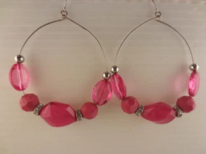Dangling Silvertone Pink Beads Crystal Rhinestone Rondelles Hoop Large Earrings - Picture 1 of 2