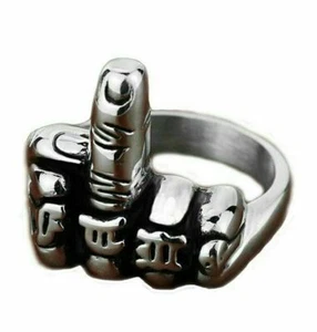 Mens Biker Punk Middle Finger Up Ring Stainless Steel Fist Band Size 7-15 Gift - Picture 1 of 4