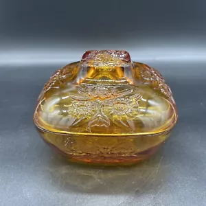 Amber Depression Glass Lidded Dish KIG Indonesia Trinket Dish W Lid Candy Dish - Picture 1 of 11
