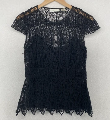 DANA BUCHMAN 衬衫 2 透明蕾丝覆盖上衣锁眼帽袖人造丝黑色 — 第 1/4 张图片