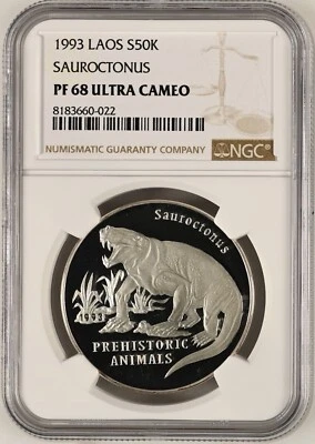 LAOS 50 Kip 1993 Silver NGC PF68 Prehistoric Animals Dinosaurs Sauroctonus - Image 1 of 4
