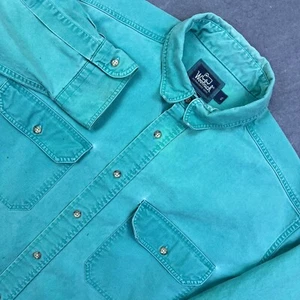 Vintage Woolrich Hemd Herren XL türkis Canvas Knopfleiste Outdoor Arbeit hergestellt in den USA Flecken - Bild 1 von 15