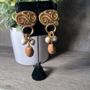 Dangle Swirl Matte Gold Pierced Tand and White Beads 2.5" Long - Picture 1 of 6