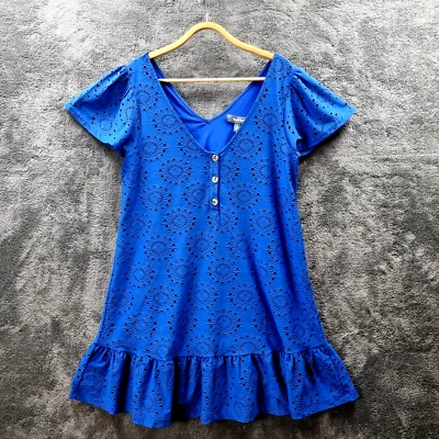 MODCLOTH Womens Dress Size L Blue Stretch Knit Lace Short Sleeve V-Neck A-line - Image 1 of 4