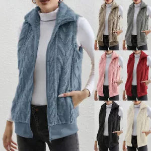 Womens Gilet Full Zip Up Winter Jacket Coats Fleece Fur Waistcoat Vest Plus Size - Picture 1 of 19