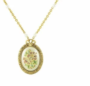 Gold Tone Large Oval Flower Decal Pearl Chain Necklace 1928 Jewelry Length 30" - Picture 1 of 1