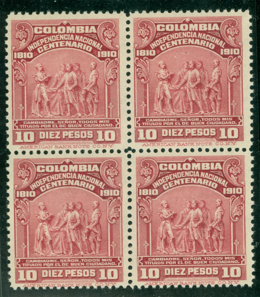 COLOMBIA 1910 Independence Centenary 10Pesos Sc# 338 mint MNH BLOCK of 4  - Image 1 of 2
