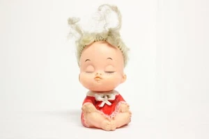 VINTAGE: 1960's EYES CLOSED RUBBER DOLL - SITTING IN RED DRESS - MADE IN JAPAN - Picture 1 of 9