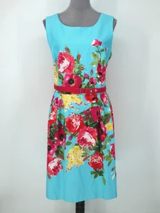 Leslie Fay Dress Womens 14 Blue Pink Floral Stretch Lined Belted Zip Fit n Flare - Picture 1 of 13