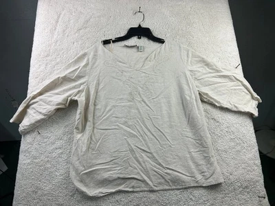 Caribbean Joe Women's Top 1X Cream Linen Embroidered V-Neck - Image 1 of 4