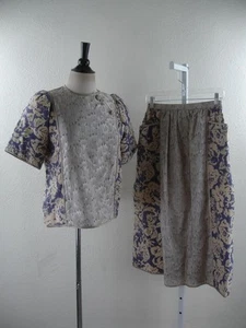 Women's 8 Vtg 1980's Geoffrey Beene 2-Pc Dress Set Outfit Top Blouse Skirt Linen - Picture 1 of 24