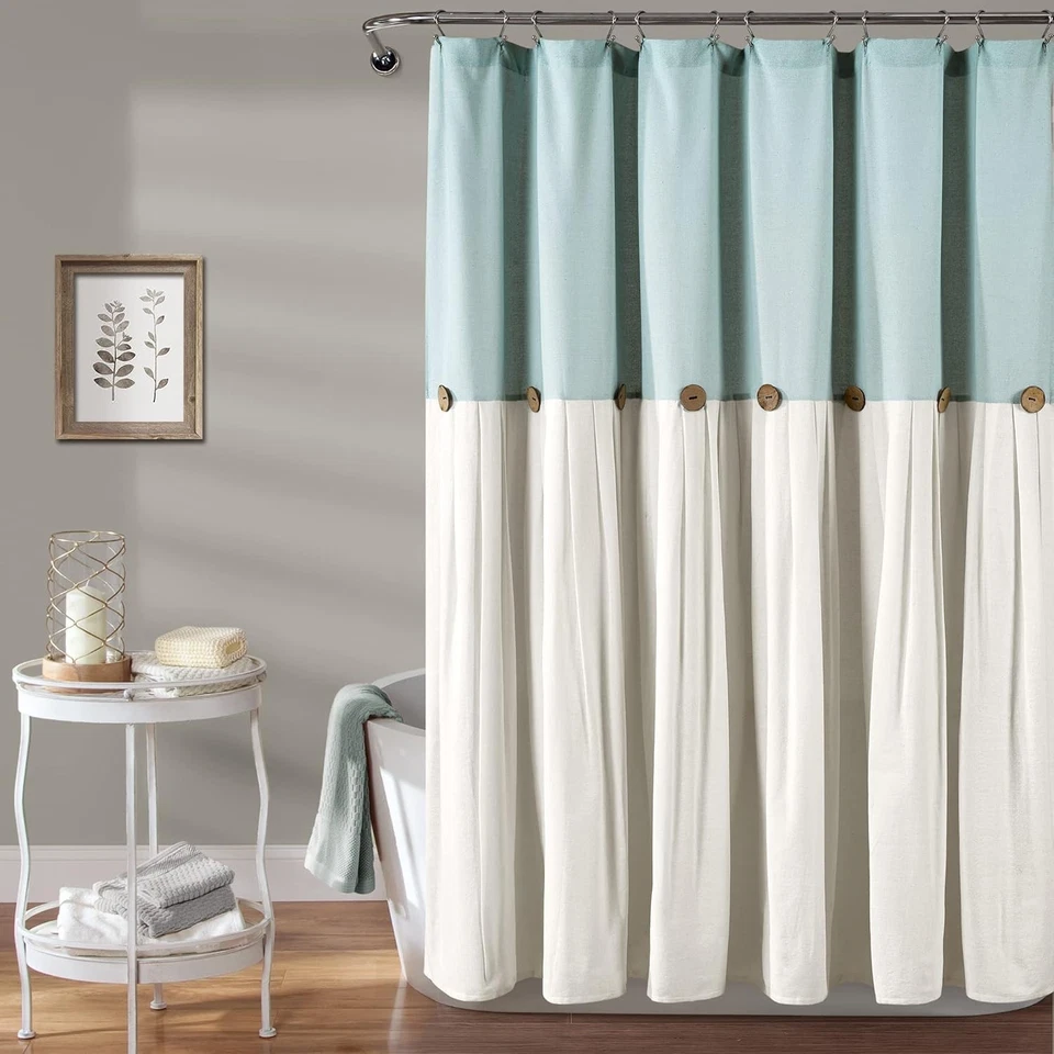 LUSH DECOR SHOWER CURTAIN, COCONUT BUTTON DETAIL (72” X 72”) - BLUE/OFF WHITE - Image 1 of 4