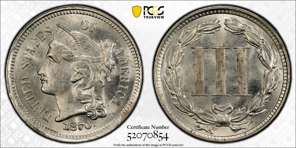 1870 THREE CENT PIECE PCGS CERTIFIED MS--63 GORGEOUS WHITE COIN!   #6 - Image 1 of 3