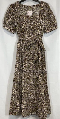 Free People NWT Bonita Black Floral Cotton Puff Sleeve Midi Dress Women's M - Image 1 of 4