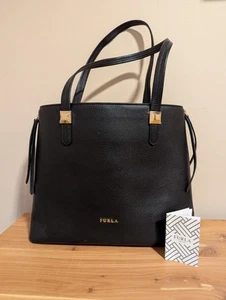 Furla Kim Tote Medium Black Pebbled Leather Shoulder Bag Gold Logo Zip - Picture 1 of 14