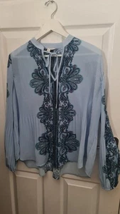 Monsoon Yasmin Pleated Chiffon Blouse Blue Medium (Was £60) Paisley Print Floaty - Picture 1 of 5