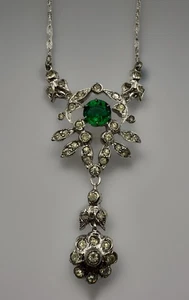 Edwardian Green & Clear Paste Pendant Lavaliere Sterling Delicate Chain Nice E1 - Picture 1 of 18