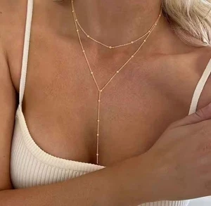 Collier Fantaisie chaîne double en forme de T en acier doré, avec perles dorée - Imagen 1 de 2