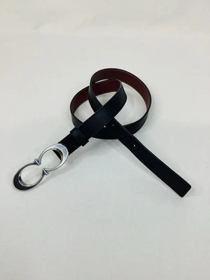 ТРЕНЕР женщин ремень Lg подпись логотип серебряная пряжка размер 36 черная кожа #C1725 - Изображение 1 из 4