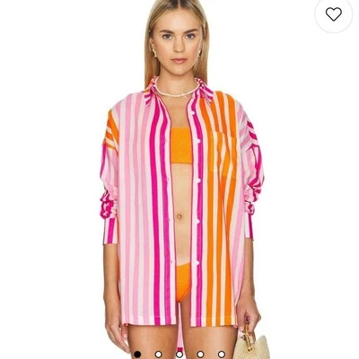 Camisa feminina Beach Riot listrada rosa e laranja com botões 100% algodão tamanho PL - Imagem 1 de 3
