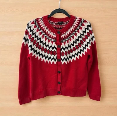 Talbots Sweater Womens Medium Petite Fair Isle Knit Cardigan red white black - Image 1 of 4