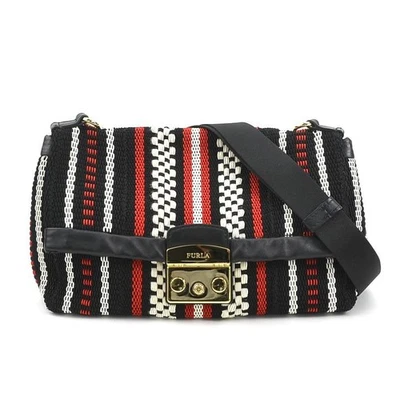 Furla Auténtico Bolso de Hombro Nylon Algodón Cuero Push-lock Negro Rojo Blanco VN02 Foto 1 de 4