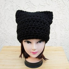 Solid Black Cat Hat with Ears Soft Winter Crochet Knit Chunky Bulky Thick Beanie