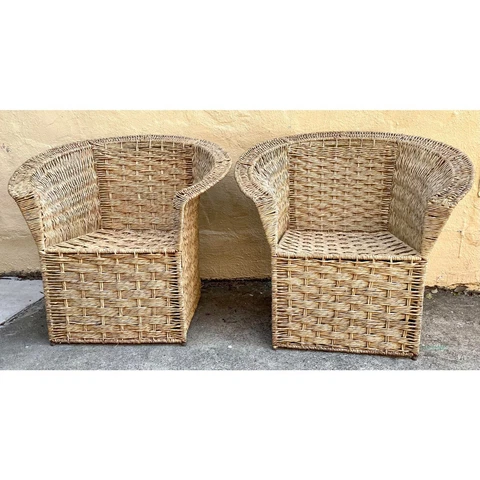 Vintage Woven Rattan Wicker Zimbabwean Tub Patio Boho Decor Chairs, a Pair Cover