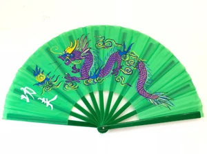 CHINESE MARTIAL ART GREEN PLASTIC KUNG FU TAI CHI TRAINING FAN WITH DRAGON - Picture 1 of 1