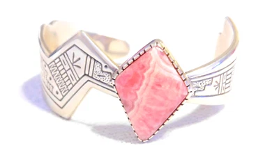 Roderick & Marilyn Tenorio Amazing Sterling Silver Pink Rhodochrosite Heavy Cuff - Image 1 of 4