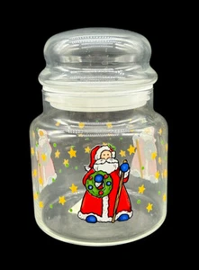 Libbey Christmas Holiday Santa Glass Jar Canister with Lid Vintage 5.75” Tall - Picture 1 of 11
