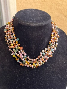14K Solid Gold Beads and Freshwater Multi Color Pearls Necklace 35" Long - Picture 1 of 12