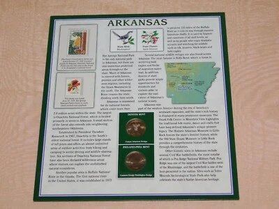 AMERICA THE BEAUTIFUL 10" X 9"  2 STATE QUARTERS 2010 & STAMPS DISPLAY ARKANSAS  - Image 1 of 4
