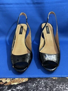 Ann Taylor Black Patent Leather Slingback Peep Toe Women Size 8.5 Brown heel - Picture 1 of 5