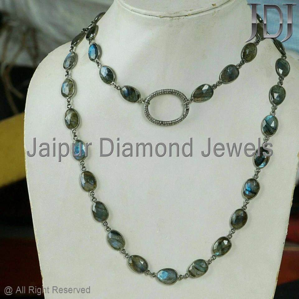 Labradorite Necklace Jewelry 925 Sterling Silver Gemstone Diamond Clasp 36 Inch - Image 1 of 4