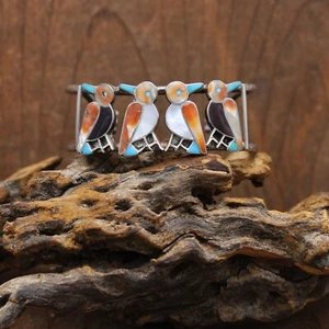 Charming Four Birds Sterling Silver Multi-Stone Inlay Cuff Bracelet - Picture 1 of 5