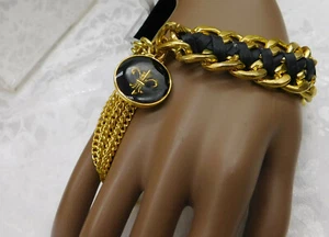 1990er Fleur de Lis Quaste Hänger Armband vergoldet Kette schwarz Lederband - Bild 1 von 9