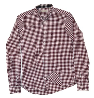 $560 Burberry Para Hombres Brit Logo Vestido Camisa Informal Cuadros Guinga Rojo Borgoña Pequeña Foto 1 de 4