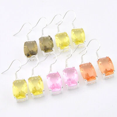 Big Offer 5PRS Rectangle Citrine Pink Topaz Morganite Silver Drop Earrings - Image 1 of 4